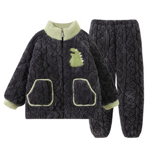 男童睡衣2025新款冬季三层夹棉加绒加厚男孩珊瑚绒儿童家居服冬款