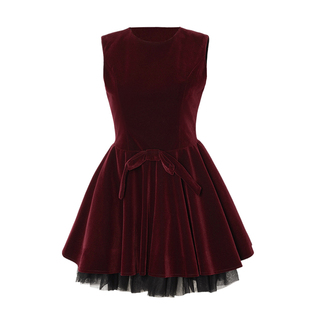 DPLAY红色连衣裙女冬季新款丝绒赫本裙法式气质短收腰短裙礼服裙