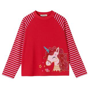 女童长袖T恤秋冬季新款儿童条纹插肩袖打底衫内搭拜年服红色上衣