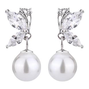 s999足银蝴蝶耳钉女正品纯银新款法式珍珠耳坠独特耳环仙女风耳饰