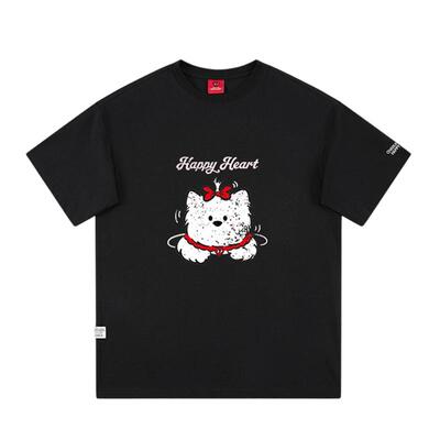 查尔斯桃心纯棉短袖可爱蝴蝶结狗狗印花短袖夏季情侣透气T恤 GJ