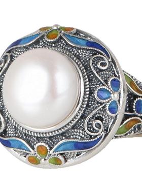 淡水珍珠戒指民族风珐琅彩银指环