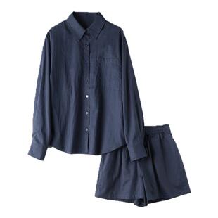 简约苎麻棉宽松显瘦套装纯色长袖衬衫休闲高腰短裤搭配海边慵懒风