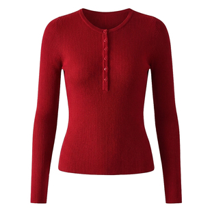 HAMYIHO亨利领螺纹针织打底衫女羊毛半开领上衣春季修身内搭毛衣