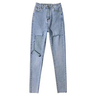 YoungGirlDay辣妹性感高腰提臀紧身显瘦破洞九分小脚铅笔裤牛仔裤