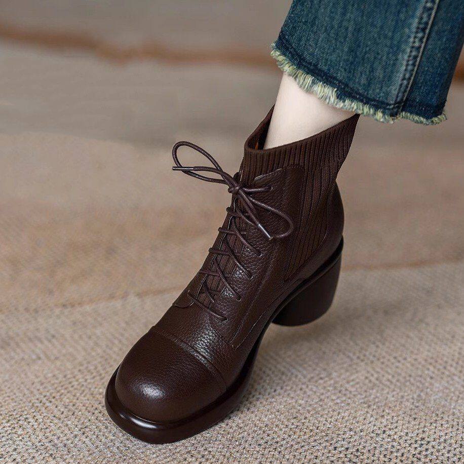 针织毛线口短靴女粗跟2025秋冬加绒真皮短筒袜靴棕色软皮马丁靴女