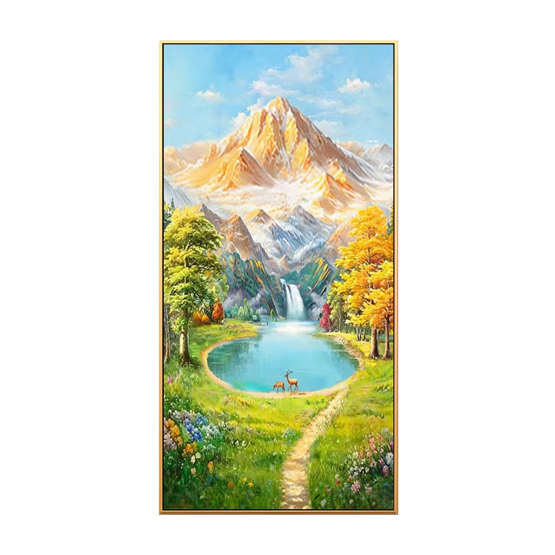 手绘油画玄关装饰画现代简约轻奢美式欧式风景画聚宝盆金山挂画