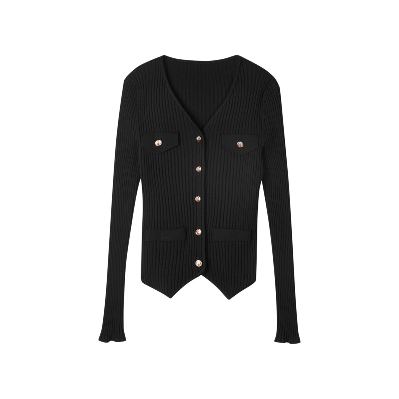 NEELLY纳俪商场同款V领长袖针织衫绵羊毛秋新款不规则下摆开衫女