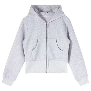 灰色短款连帽卫衣外套女冬季加绒韩系穿搭小个子正肩修身拉链上衣