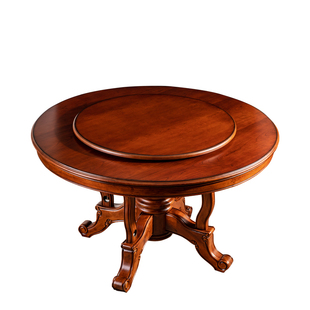 美式乡村实木圆形餐桌椅带转盘餐厅家具组合欧式复古家用吃饭桌子