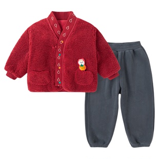 嘟嘟家男童年服女童拜年服儿童套装国风宝宝周岁礼服红色男宝年装