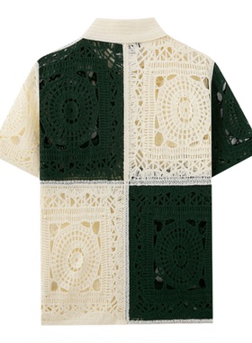 2026夏法式小众设计感针织衫拼色手钩镂空短袖衬衫男Men's shirts