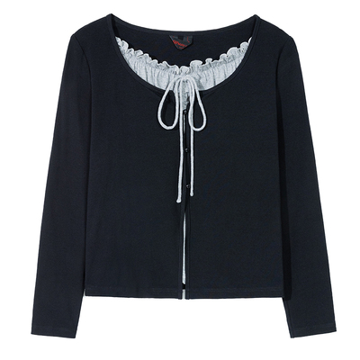 绮娑大码胖MM上衣女秋装新款气质百搭假两件甜妹长袖基础款针织衫