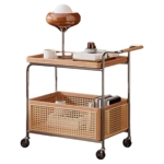 实木中古风藤编可移动收纳零食小推车边几客厅沙发收纳置物架餐车