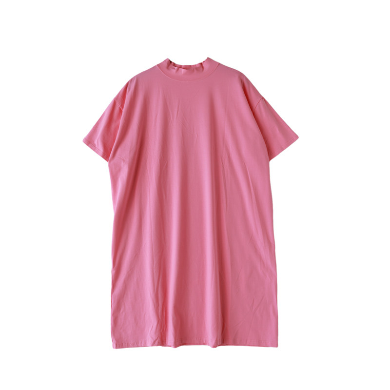 粉色纯棉半高领短袖T恤女春夏