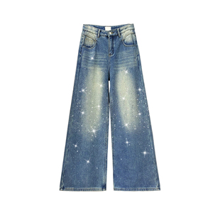 闪亮烫钻设计加绒休闲牛仔裤女冬新款高腰宽松显瘦百搭直筒阔腿裤