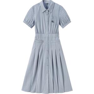 森马连衣裙女翻领长裙文艺法式2024夏季新款收腰百褶衬衫裙子通勤