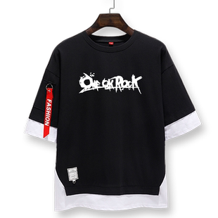 one ok rock摇滚乐队oor流行乐团假两件短袖T恤衫男女5五分袖衣服