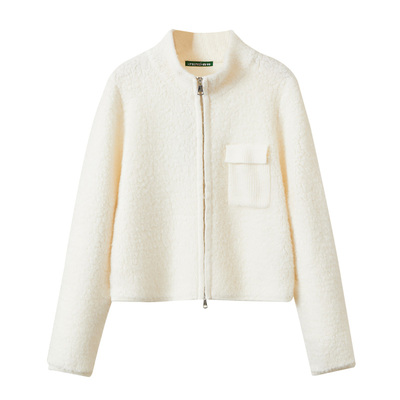 春竹加厚100%羊毛外套秋冬新款半高领拉链圈圈纱慵懒风女针织开衫