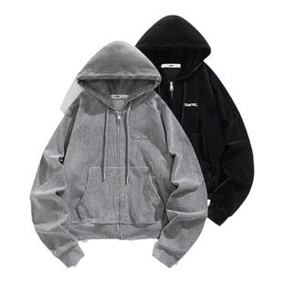 【张艺凡同款】VWL条绒连帽开衫印花logo卫衣宽松拉链开衫外套