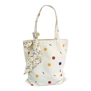 彩色点送飘带甜美仙女帆布包女双面夏季新款休闲通勤拉链手提布袋