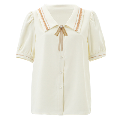 刺绣娃娃领短袖衬衫刺绣蕾丝领口