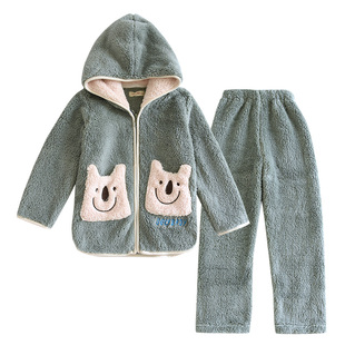 儿童冬季加厚加绒贵妃绒睡衣套长毛绒可爱卡通男童连帽拉链家居服