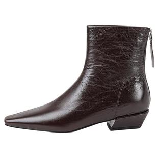 星期六法式短靴女2025秋冬气质方头粗跟高级感裸靴真皮英伦风皮靴