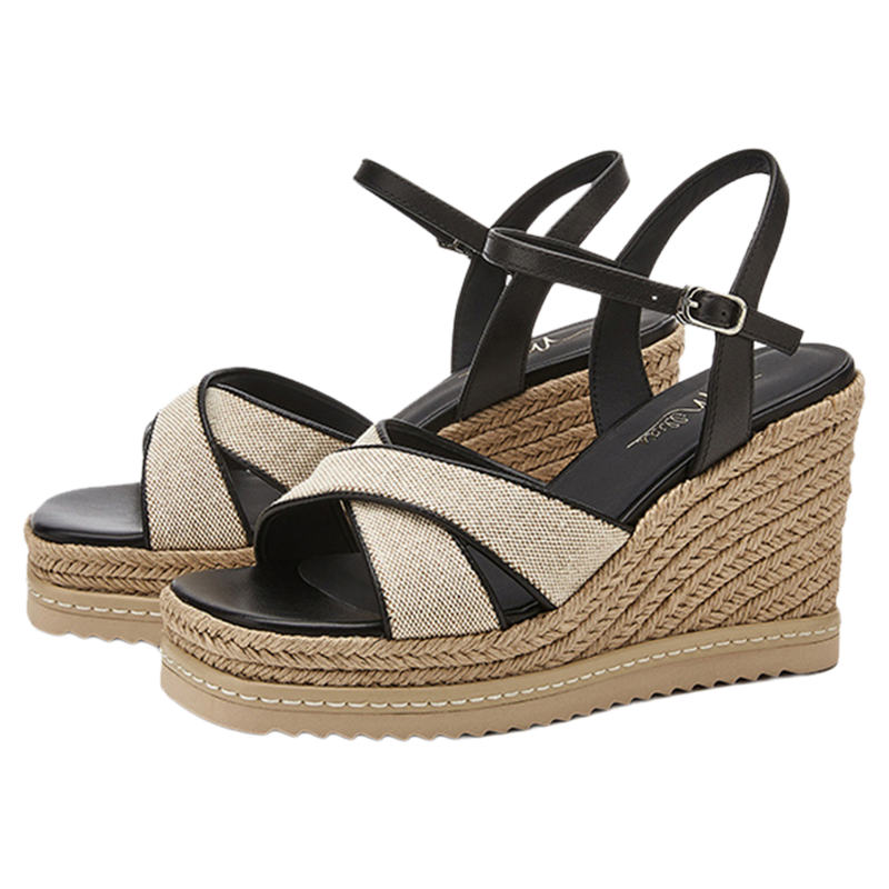 MILLIE'S/妙丽夏新款草编坡跟女凉鞋露趾防滑高跟鞋厚底松糕女鞋