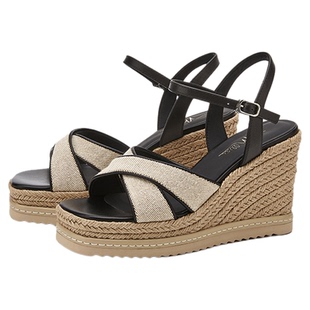 MILLIE'S/妙丽夏新款草编坡跟女凉鞋露趾防滑高跟鞋厚底松糕女鞋