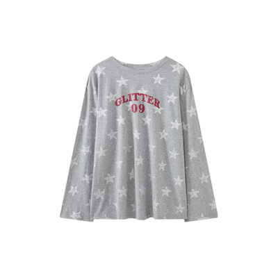 荒荒家 银色星星长袖T2026春夏新款港风减龄宽松慵懒套头上衣女