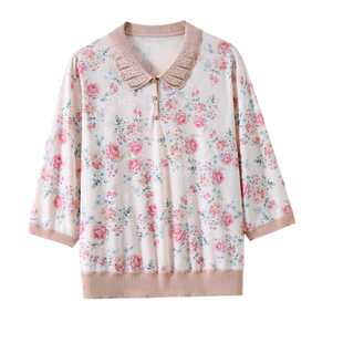 妈妈春装套装新款中袖T恤上衣中老年女春夏宽松薄款真丝翻领小衫