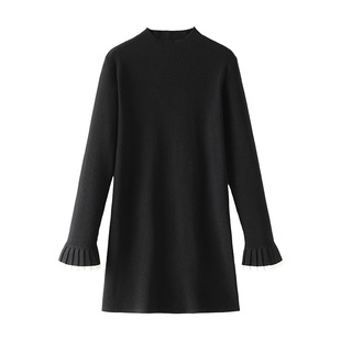 冬季针织连衣裙女中长款内搭遮屁股毛衣女小个子半高领黑色毛衣裙