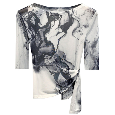 国风水墨画印花网纱t恤女夏中袖