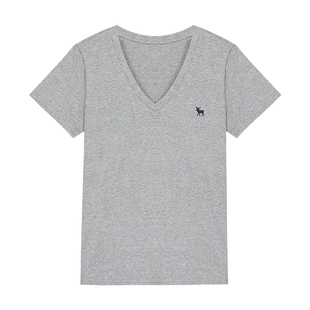 MULVAN 趣味刺绣小鹿~基础款短袖t恤女夏款宽松正肩针织V领上衣