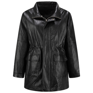 几何单元环保柔软PU皮外套春季中长款立领皮衣黑色收腰防风夹克女