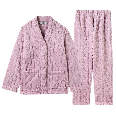 美标新款法兰绒保暖睡衣套装女士