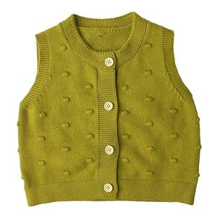 25秋女童女宝宝点点黄色针织马甲外套儿童宝宝小清新棉线背心开衫