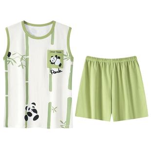 带胸垫背心睡衣女夏季纯棉薄款卡通熊猫无袖家居服套装可外穿大码