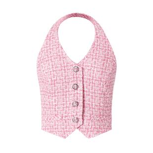 商场同款  摩萨克春粉色经典小香风可露丽编织吊带挂脖背心女