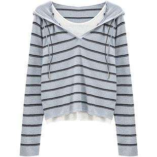 LAGOGO漾蓝律动连帽休闲针织衫女拉谷谷2026春新款条纹假两件上衣