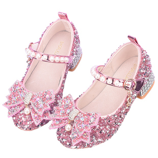 新款女童公主鞋舞台钢琴礼服鞋儿童水晶鞋模特走秀演出鞋真皮单鞋