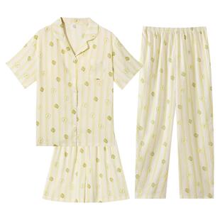 猫人带胸垫睡衣女夏季棉绸短袖三件套可外穿甜美清新云朵棉家居服