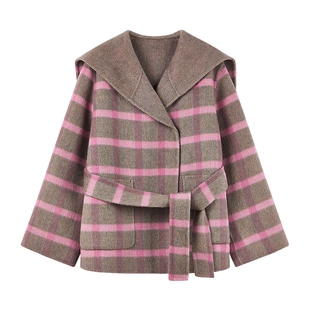 MISSCOCOON可可尼格子翻领毛呢外套女2025冬新款双面呢绵羊毛大衣