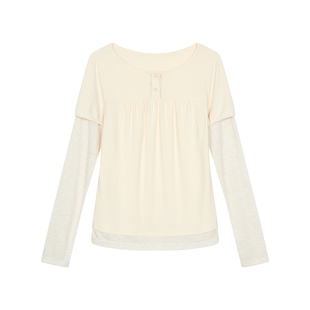 Rrichu「糯绪浅律」韩系假两件t恤少女圆领纽扣条纹天丝长袖上衣