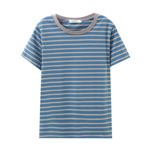 夏季纯棉正肩圆领短袖t恤女宽松大码条纹显瘦半袖t恤妈妈洋气上衣