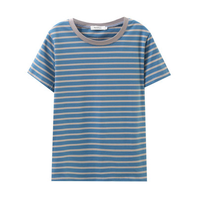 夏季纯棉正肩圆领短袖t恤女宽松大码条纹显瘦半袖t恤妈妈洋气上衣