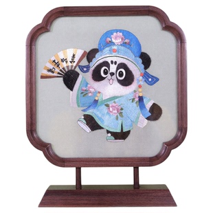 中国特色礼品送老外男熊猫刺绣摆件双面绣送客户伴手礼非遗工艺品