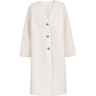 ONLY2026春季新款纯色优雅V领设计宽松长款保暖羊羔毛棉服外套女