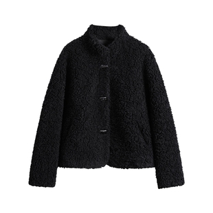 她池立领外套2025冬装新款女装时尚牛角扣宽松款长袖简约短款上衣